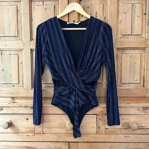 Women’s Deep V Knot Front Long Sleeve Bodysuit - Blue Stripe